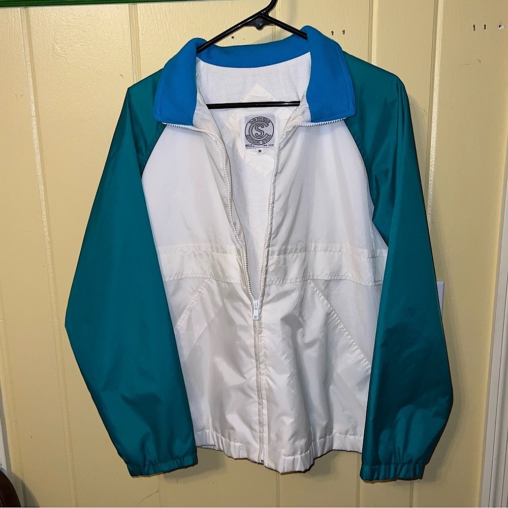 Vintage 90s White Retro Colorblock Blue Windbreaker Bomber Zip Up Jacket Size M - Picture 2 of 14
